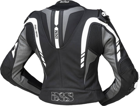 iXS Sport LD Damen Lederkombi RS-800 1.0, 2-teilig in schwarz-grau-weiß, zeigt Ober- und Unterteile der sportlichen Motorrad-Kombi