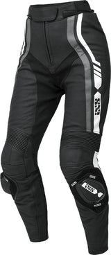 Schwarze, graue und weiße Damen-Lederkombi von iXS Sport LD RS-800 1.0, zweigeteilt, mit sportlichem Design.
