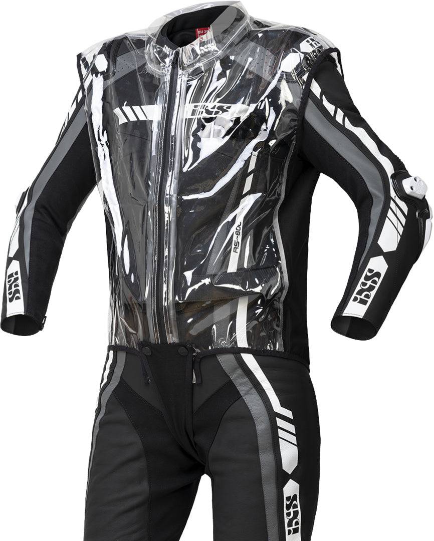 Transparente iXS Regenbekleidung für den Oberkörper, wasserdicht und ideal für Rennfahrer, zeigt Details und Material.