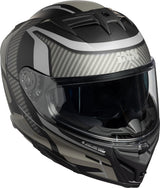 Schwarz-silberner iXS Integralhelm iXS912 SV 2.0 Blade mit matt finish, vollvisier, für Motorradfahrer, auf einem Sitz.