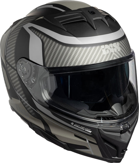 Schwarz-silberner iXS Integralhelm iXS912 SV 2.0 Blade mit matt finish, vollvisier, für Motorradfahrer, auf einem Sitz.
