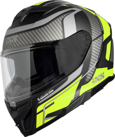 Schwarzer und gelb fluoreszierender iXS Integralhelm iXS912 SV 2.0 Blade mit Visier auf einem Motorradhelm.