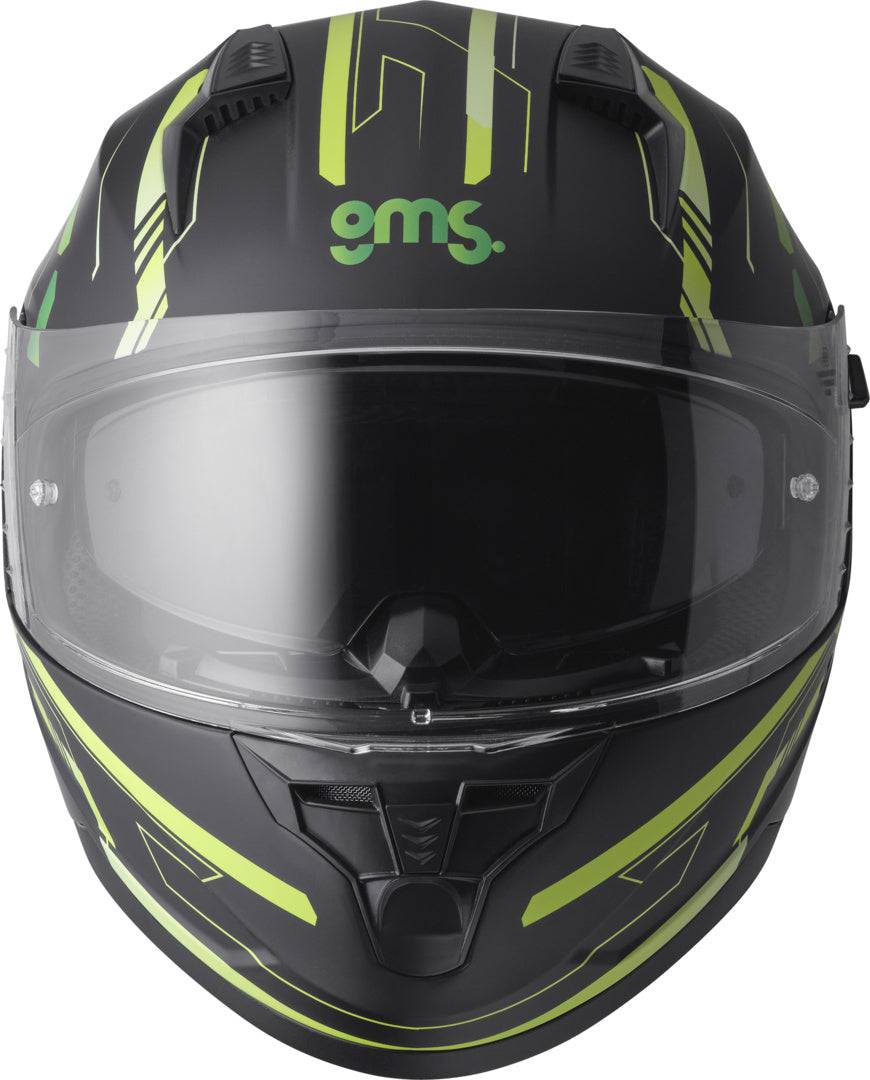 GMS Integralhelm Hexago Graphic in grün mit geometrischem Design, Vollhelm mit Visier, für Motorradfahrer, auf einem weißen Hintergrund