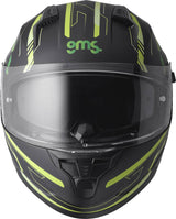 GMS Integralhelm Hexago Graphic in grün mit geometrischem Design, Vollhelm mit Visier, für Motorradfahrer, auf einem weißen Hintergrund