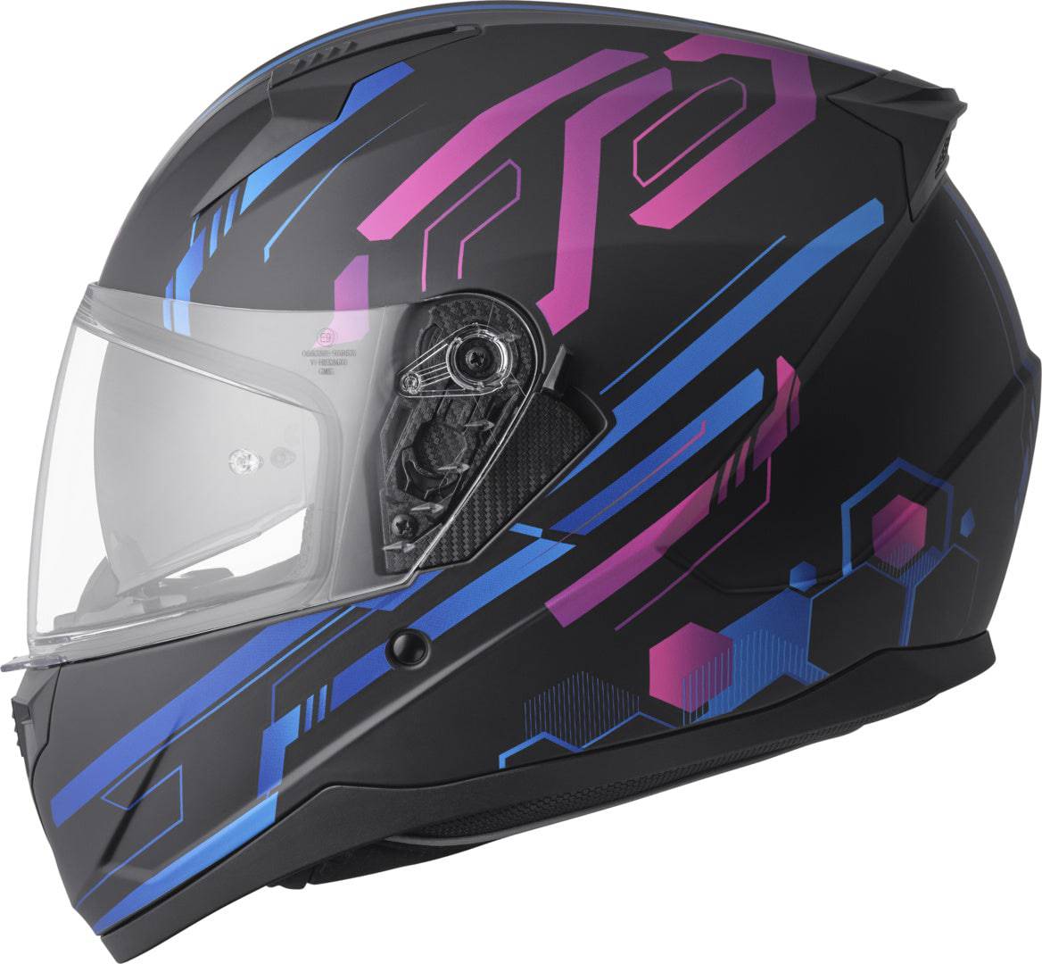 GMS Integralhelm Hexago Graphic in blau-violett, bequemer Motorradhelm mit auffälligem Design und integriertem Visier