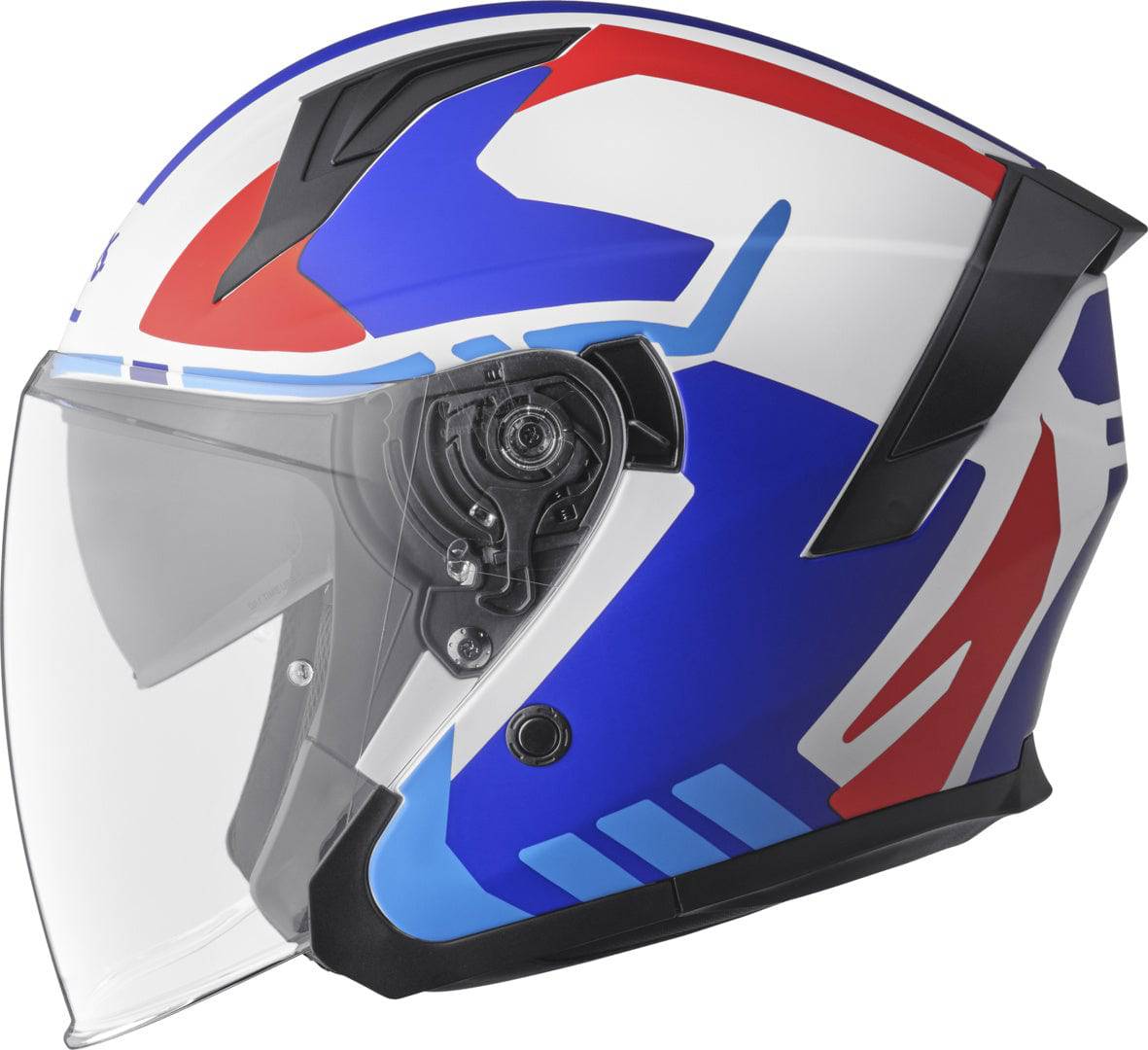 GMS Jethelm Vectus in schwarzmatt, petrol und rot mit Visier, leichter Motorradhelm für stilvolles Fahren