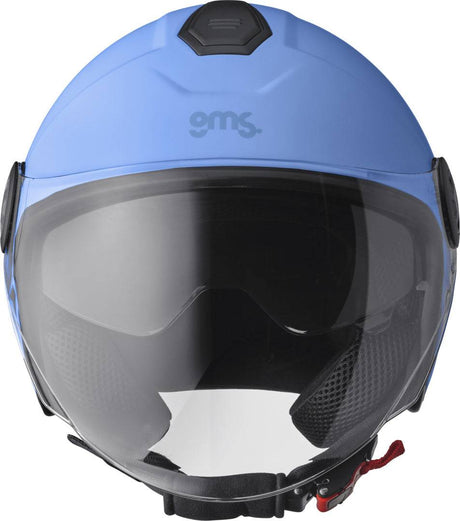 GMS Jethelm Gelato Mirtillo, blauer Jethelm mit Visier und Belüftungsöffnungen, für Motorradfahrer, seitlich fotografiert