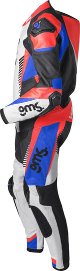 Schwarz-blau-rote Gms Lederkombi GRC-1 1-teilig, Motorrad-Lederkombi mit Schutzpolstern, nahtlos und sportlich gestaltet