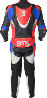 GMS Lederkombi GRC-1 1-teilig in schwarz-blau-rot, robuste Motorrad-Lederkombi mit Markenlogo und reflektierenden Details