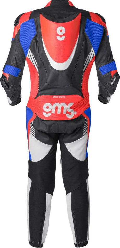 GMS Lederkombi GRC-1 1-teilig in schwarz-blau-rot, robuste Motorrad-Lederkombi mit Markenlogo und reflektierenden Details