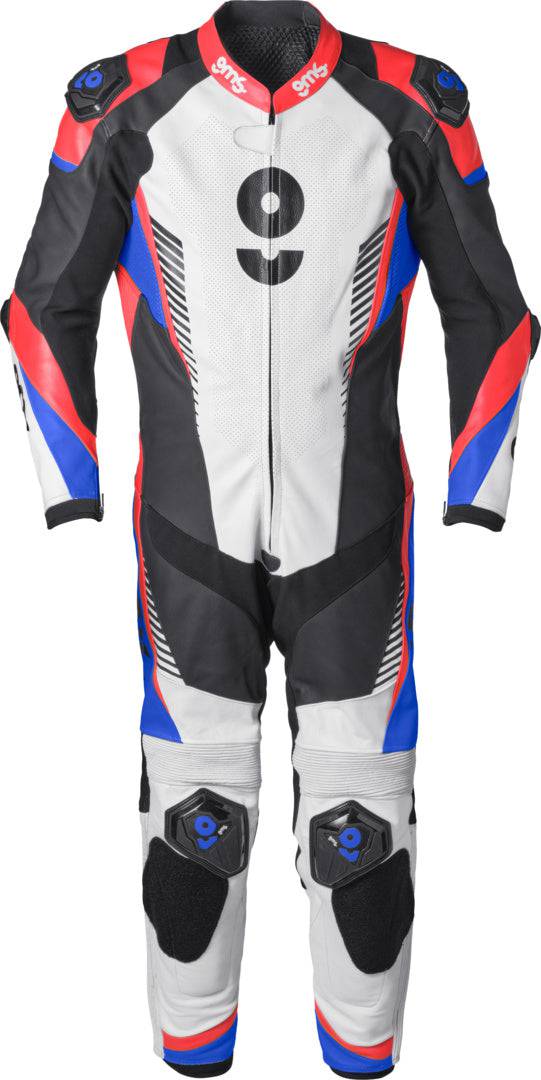 Schwarze, blaue und rote Gms Lederkombi GRC-1 1-teilig, robuste Motorradbikekombination mit sportlichem Design.