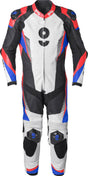 Schwarze, blaue und rote Gms Lederkombi GRC-1 1-teilig, robuste Motorradbikekombination mit sportlichem Design.