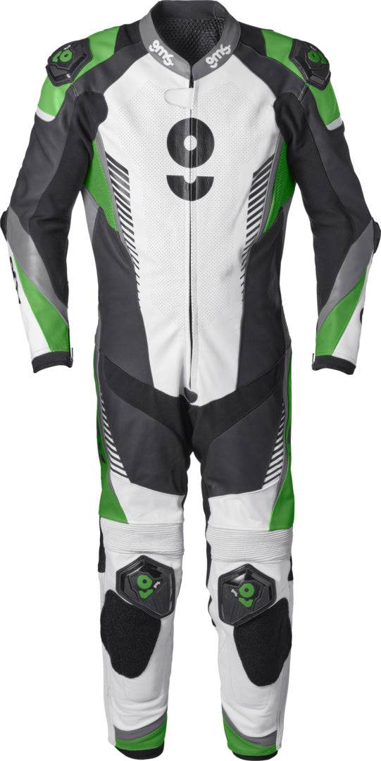 GMS Lederkombi GRC-1 1-teilig in schwarz-weiß-grün aus Leder, zeigt Rücken- und Armdetails, hochwertiges Motorsport-Design