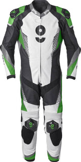 GMS Lederkombi GRC-1 1-teilig in schwarz-weiß-grün aus Leder, zeigt Rücken- und Armdetails, hochwertiges Motorsport-Design