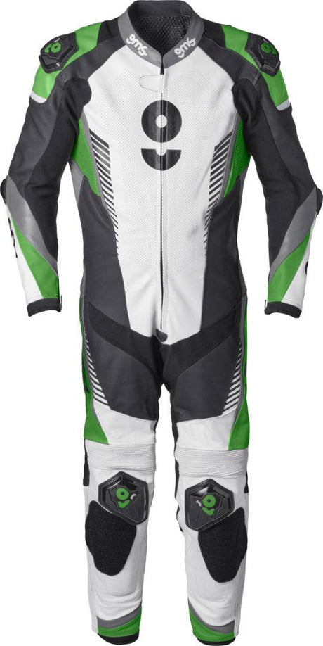 GMS Lederkombi GRC-1 1-teilig in schwarz-weiß-grün aus Leder, zeigt Rücken- und Armdetails, hochwertiges Motorsport-Design