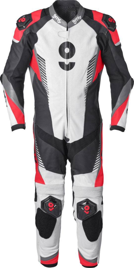 GMS Lederkombi GRC-1 1-teilig in Schwarz-Weiß-Rot, sportliche Motorrad-Lederkombi mit auffälligem Design.