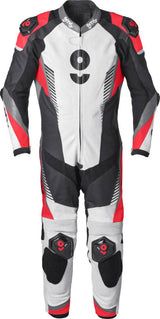GMS Lederkombi GRC-1 1-teilig in Schwarz-Weiß-Rot, sportliche Motorrad-Lederkombi mit auffälligem Design.