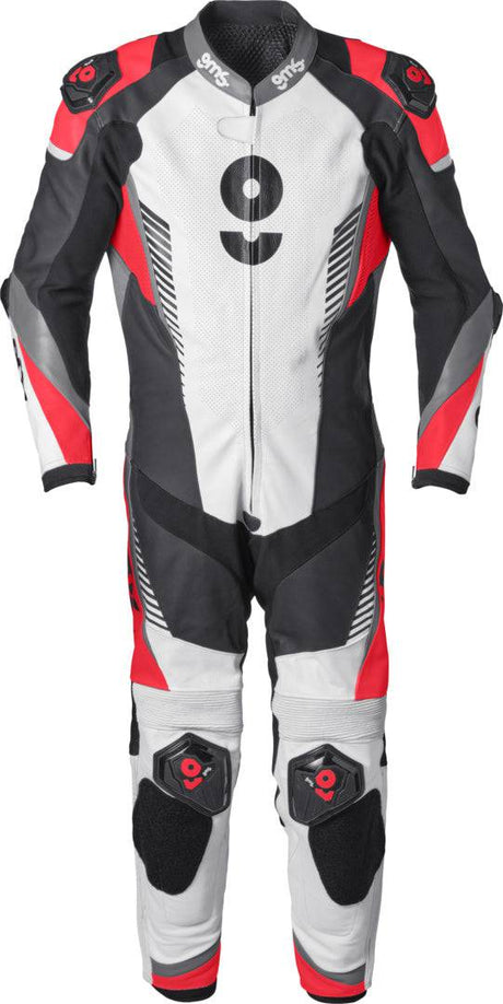 GMS Lederkombi GRC-1 1-teilig in Schwarz-Weiß-Rot, sportliche Motorrad-Lederkombi mit auffälligem Design.