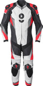 GMS Lederkombi GRC-1 1-teilig in Schwarz-Weiß-Rot, sportliche Motorrad-Lederkombi mit auffälligem Design.