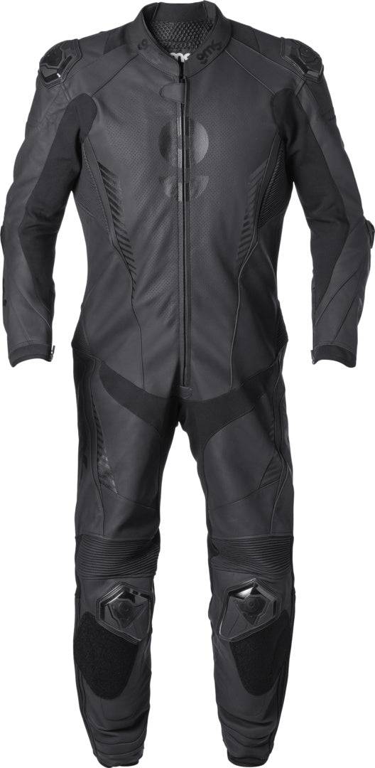 Schwarze Gms Lederkombi GRC-1 1-teilig, Motorrad-Lederkombi, bequem und stilvoll, zeigt die robuste Lederkonstruktion.