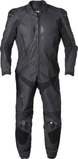 Schwarze Gms Lederkombi GRC-1 1-teilig, Motorrad-Lederkombi, bequem und stilvoll, zeigt die robuste Lederkonstruktion.