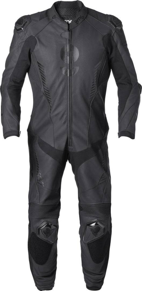 Schwarze Gms Lederkombi GRC-1 1-teilig, Motorrad-Lederkombi, bequem und stilvoll, zeigt die robuste Lederkonstruktion.