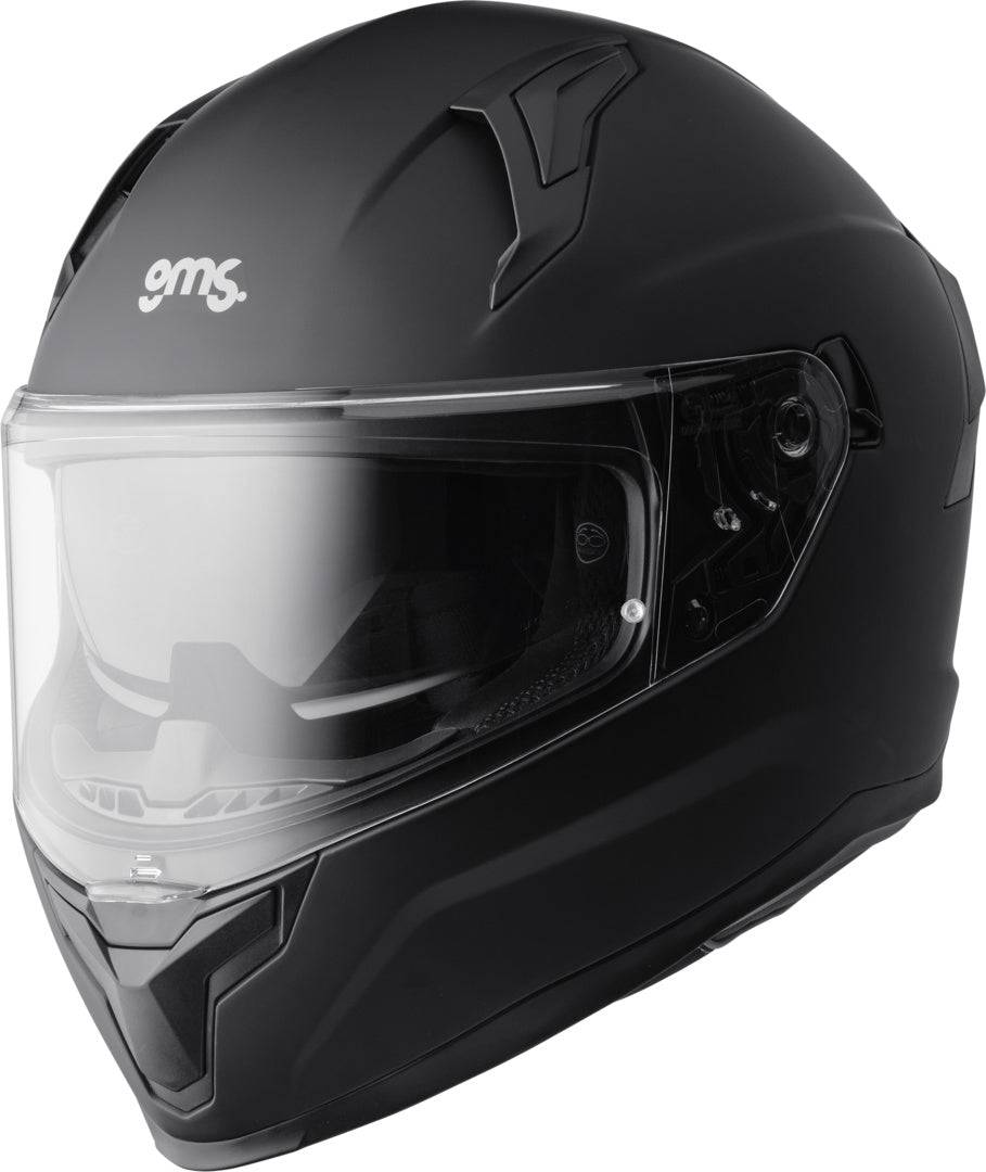 GMS Integralhelm Velox in mattschwarz mit schwarz-weißen Design, sicherer Schutz und komfortabler Sitz, Blick auf das Visier