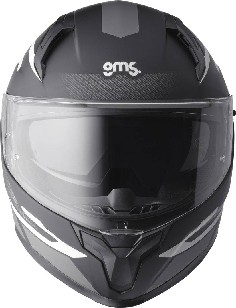 GMS Integralhelm Velox Graphic in matt schwarz-grau mit sichtbarer Visier und Belüftungsöffnungen.