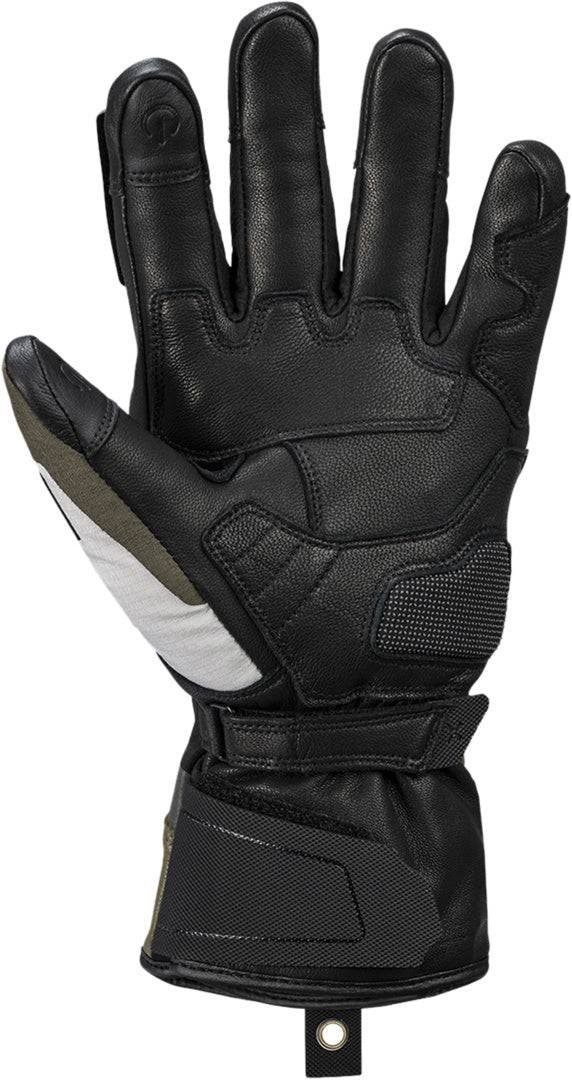 Hellegraue, olivgrüne und schwarze Laminathandschuhe von iXS Venture-STX 1.0 mit robustem Design und verstellbarem Handgelenk.