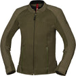 Damen Touring Jacke iXS Oxy-Air in Olivgrün mit atmungsaktiven Materialien und Touren-Design, vorne mit Reißverschluss und Taschen