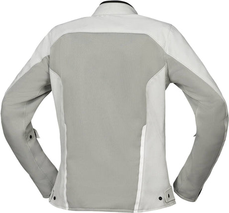 Graue iXS Damen Oxy-Air Tourenjacke, atmungsaktive Jacke für Damen, zeigt Reißverschlüsse und robuste Textur