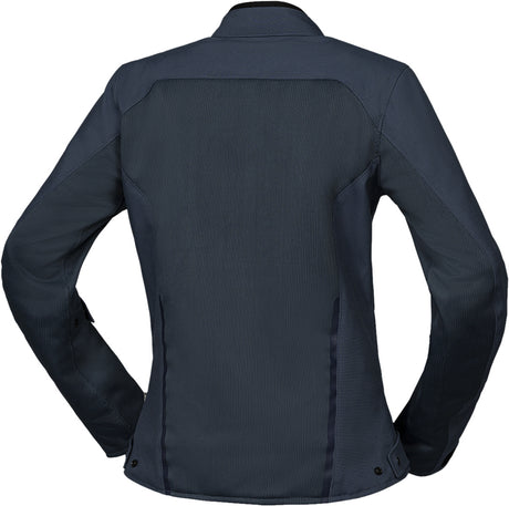 Blaue iXS Damen Oxy-Air Tourenjacke aus wetterfestem Material, mit reflektierenden Details und atmungsaktivem Design.