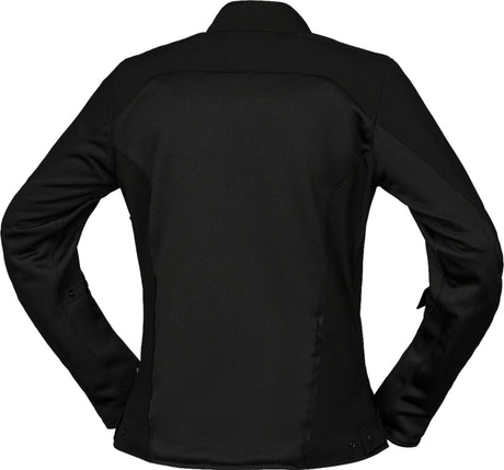 Schwarze iXS Damen Oxy-Air Touring Jacke mit atmungsaktivem Material und reflektierenden Details, für Motorradtouren.