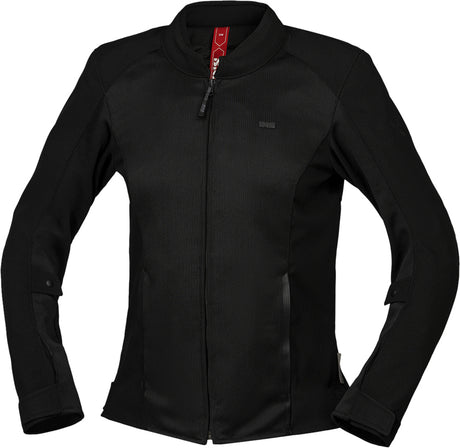 Schwarze iXS Damen Oxy-Air Touring-Jacke aus robustem Material, ideal für Motorradtouren, mit atmungsaktivem Design.