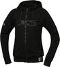 Schwarze iXS Damen Rapid 1.0 Hoodie Jacke für Touren, bequemes Damen-Design, zeigt das Kapuzenmodell auf einem Hänger.
