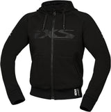 Schwarze iXS Rapid 1.0 Tourenjacke, bequeme Passform, für Radfahren, mit Kapuze und reflektierenden Details, modisches Design.