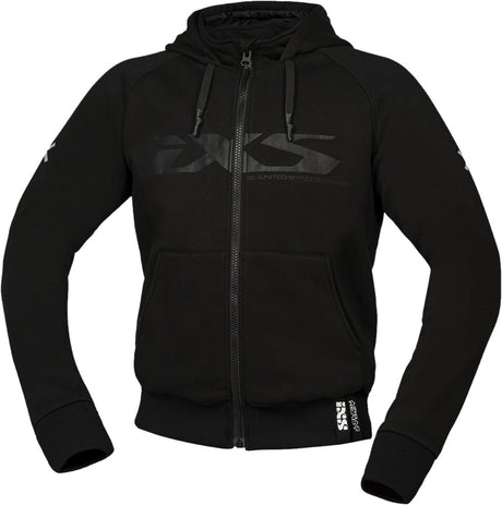 Schwarze iXS Rapid 1.0 Tourenjacke, bequeme Passform, für Radfahren, mit Kapuze und reflektierenden Details, modisches Design.