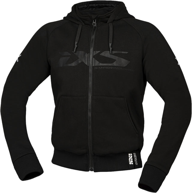 Schwarze iXS Rapid 1.0 Tourenjacke, bequeme Passform, für Radfahren, mit Kapuze und reflektierenden Details, modisches Design.