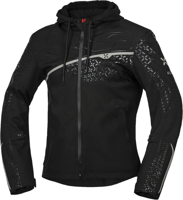 Schwarze iXS Rapid-STX 1.0 Laminatjacke für Touren, detailreiche Nahaufnahme der wasserdichten Außenjacke
