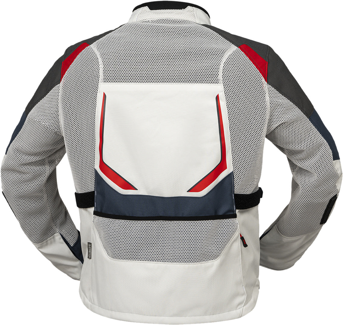 Hellgrau-blau-rote iXS Tourster-BigAir 1.0 Adventure Jacke mit Reißverschluss und robustem Design, für Outdoor-Abenteuer.
