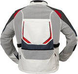Hellgrau-blau-rote iXS Tourster-BigAir 1.0 Adventure Jacke mit Reißverschluss und robustem Design, für Outdoor-Abenteuer.