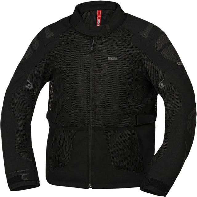 Schwarze iXS Tourster-BigAir 1.0 Adventure-Jacke mit Reißverschlüssen, Kapuze und robustem Material, für Outdoor-Aktivitäten.