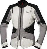 Hellegraue Damen Adventure Laminatjacke von iXS, strapazierfähig und leicht, ideal für Outdoor- und Tourenaktivitäten.
