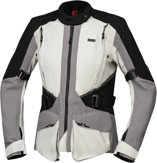 Hellegraue Damen Adventure Laminatjacke von iXS, strapazierfähig und leicht, ideal für Outdoor- und Tourenaktivitäten.