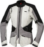Hellegraue Damen Adventure Laminatjacke von iXS, strapazierfähig und leicht, ideal für Outdoor- und Tourenaktivitäten.