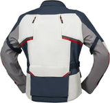 Leichte iXS Tourster-STX 1.0 Laminatjacke in Hellgrau, Blau und Rot, für Outdoor-Abenteuer mit wasserdichter Funktion.