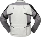 Leichte, hellgrau-graue iXS Tourster-STX 1.0 Laminatjacke für Adventure, zeigt den atmungsaktiven Outdoor-Jacke mit Kapuze.