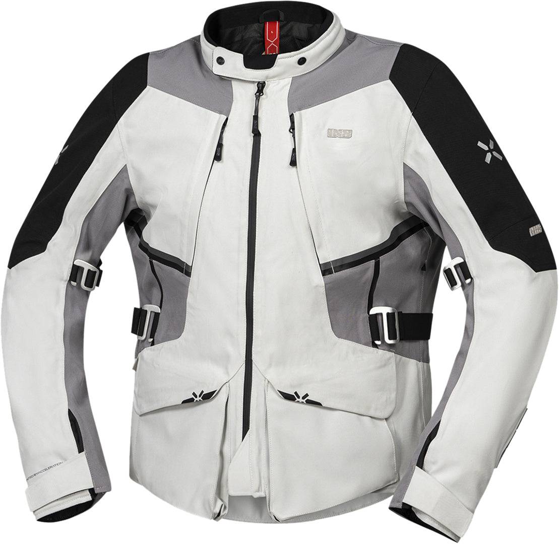 Leichte iXS Tourster-STX 1.0 Laminatjacke in hellgrau-grau, perfekt für Adventure und Outdoor-Aktivitäten.