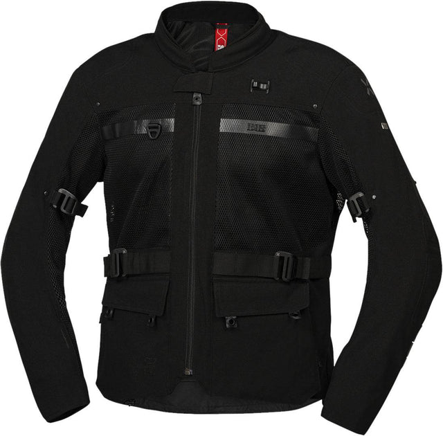 Schwarze iXS Venture-BigAir 1.0 Adventure-Jacke, atmungsaktiv und wetterfest, für Outdoor-Aktivitäten, Detailansicht der Jacke