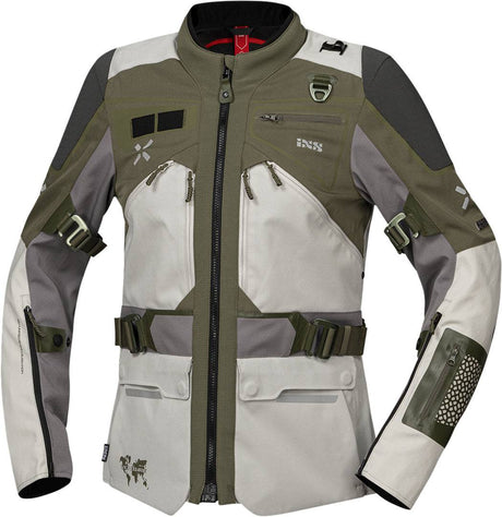Leichte Damen Adventure Jacke von iXS in Hellgrau-Oliv, atmungsaktiv und wasserabweisend für Outdoor-Aktivitäten.